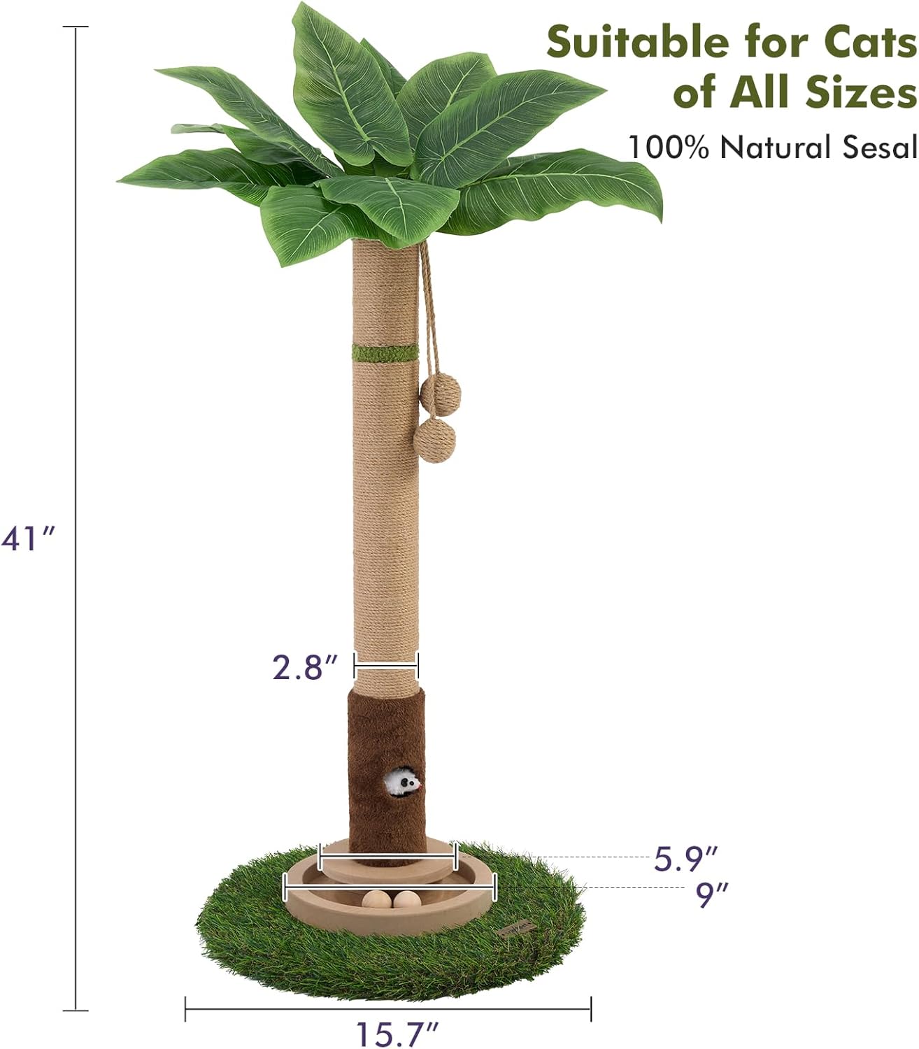 Palm Tree Cat Scratching Post 35'' Tall Cat Scratcher Tree Tower with Cat Toy Mouse Hole and Interactive Wooden Ball for Kittens Adults Cats