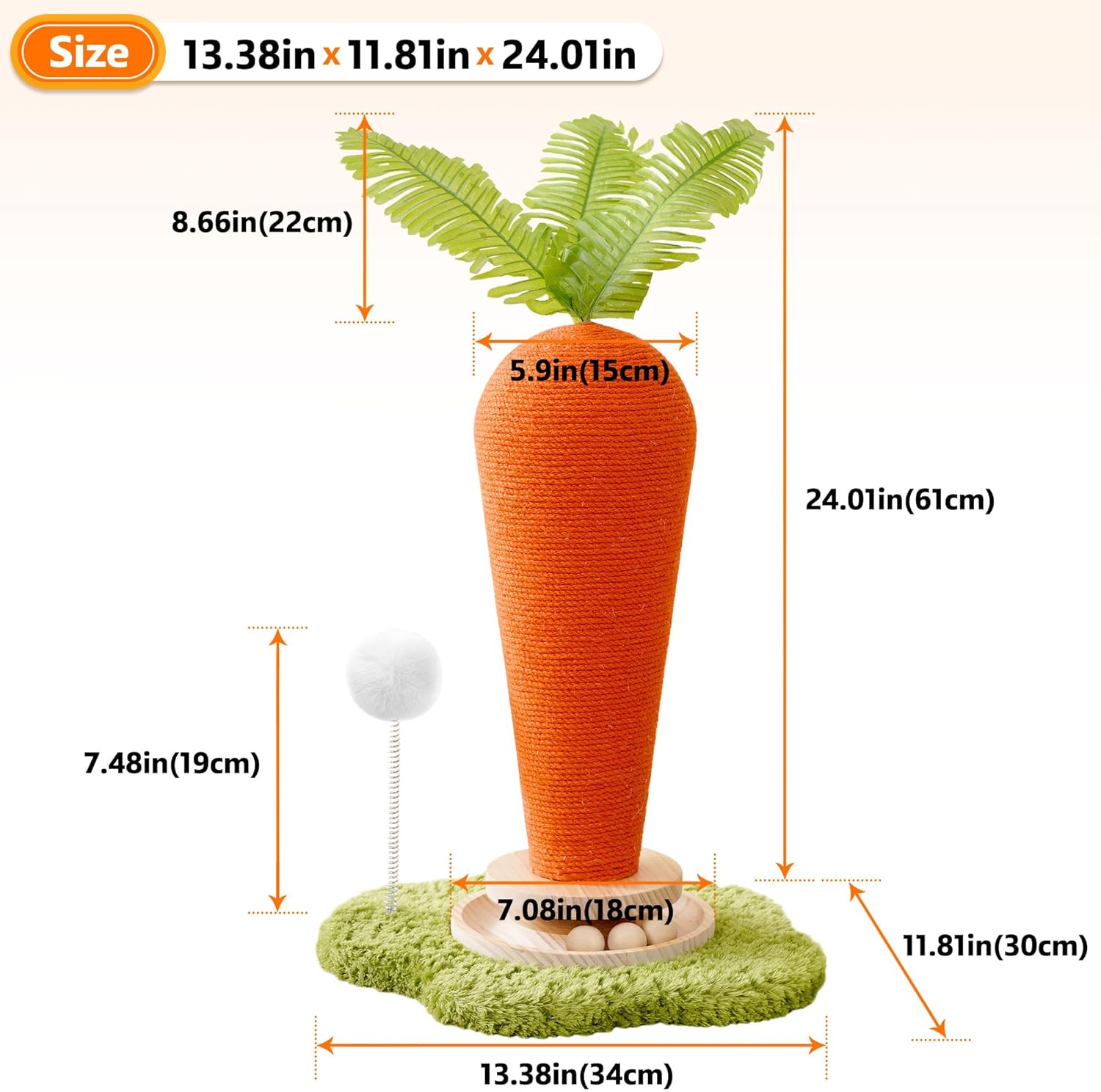 Cute Cat Scratching Post, Carrot Cat Scratcher Post with Durable Natural Wooden Turntable Toy and Catnip, 24'‘ H Carrot Shape Design Sisal Cat Tree Sisal Scratcher for Indoor Cats (Cloud Base)