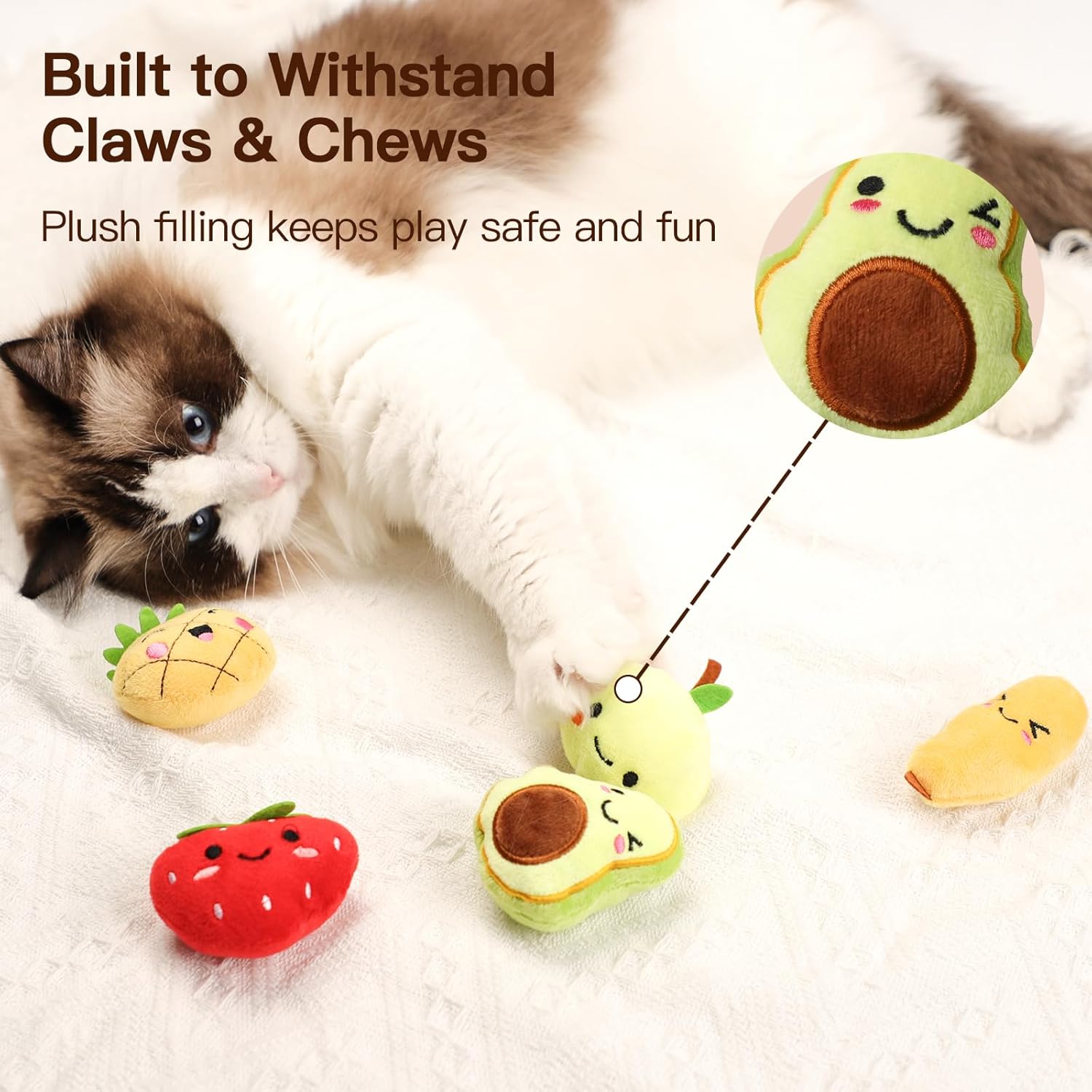 Catnip,5-Pack Fruity Friends Plush Toy Set for Cat Nip, Soft Cotton Filling, Interactive Indoor Play