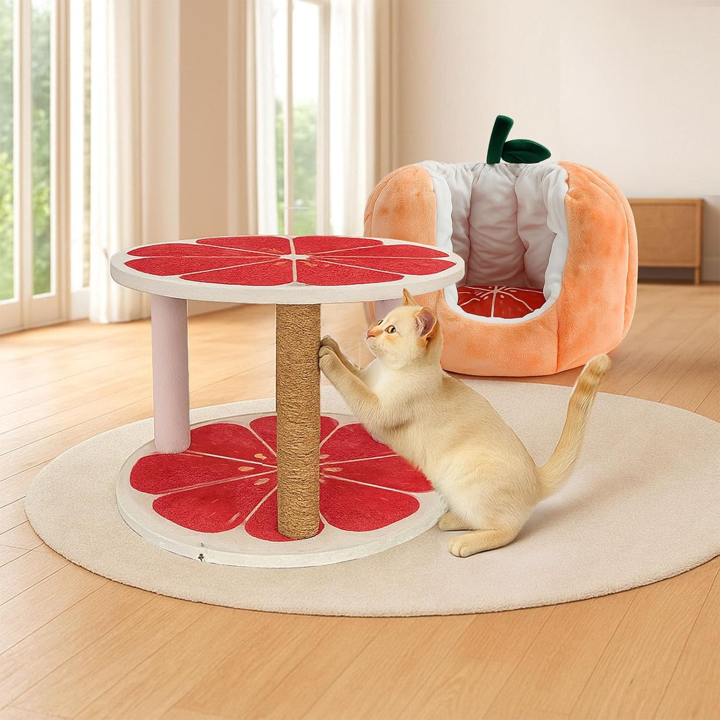 Cute Grapefruit Cat Houses for Indoor Cats, Small Cat Tree with Sisal Ropes and Plush Perch, Cute Cat Bed Cave with Soft Pillow, Grapefruit Design