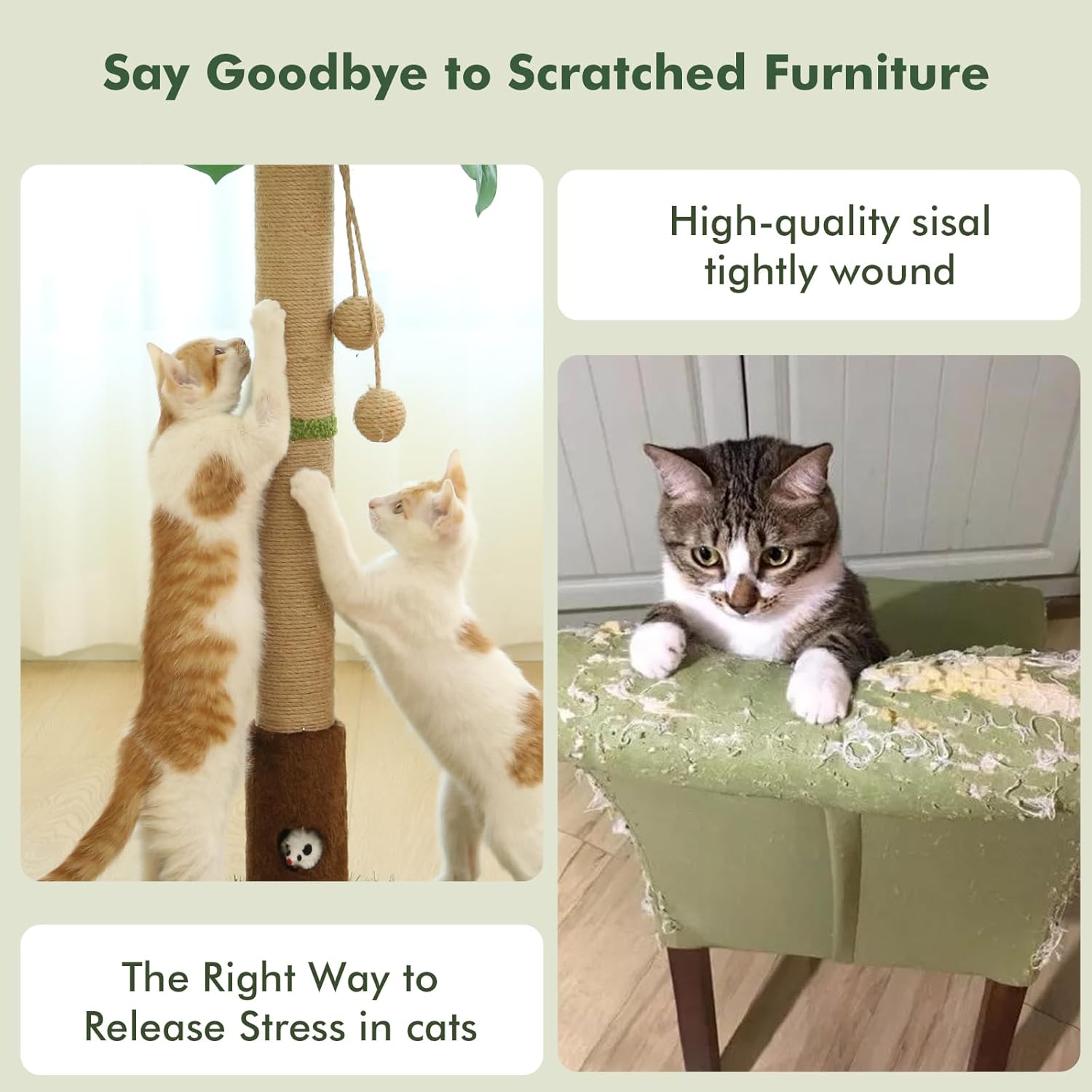 Palm Tree Cat Scratching Post 35'' Tall Cat Scratcher Tree Tower with Cat Toy Mouse Hole and Interactive Wooden Ball for Kittens Adults Cats