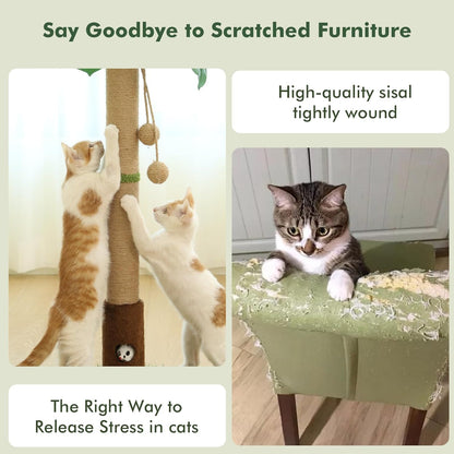 Palm Tree Cat Scratching Post 35'' Tall Cat Scratcher Tree Tower with Cat Toy Mouse Hole and Interactive Wooden Ball for Kittens Adults Cats