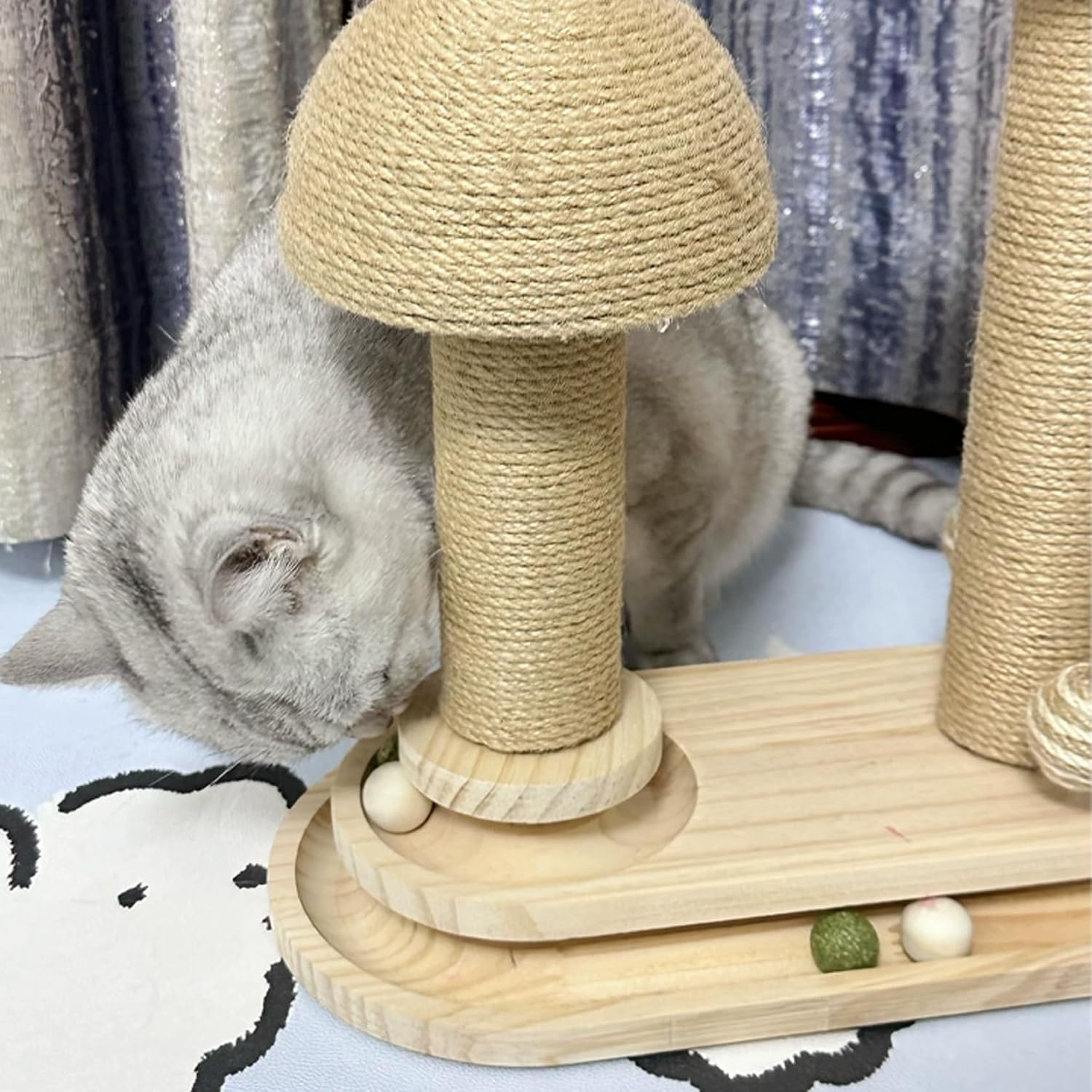  Modern Mushroom Cat Scratcher, Cat Scratching Post for Indoor Cats Adults, Sisal Tall Cats Scratch Post with Hanging Ball and Interactive Wooden Ball