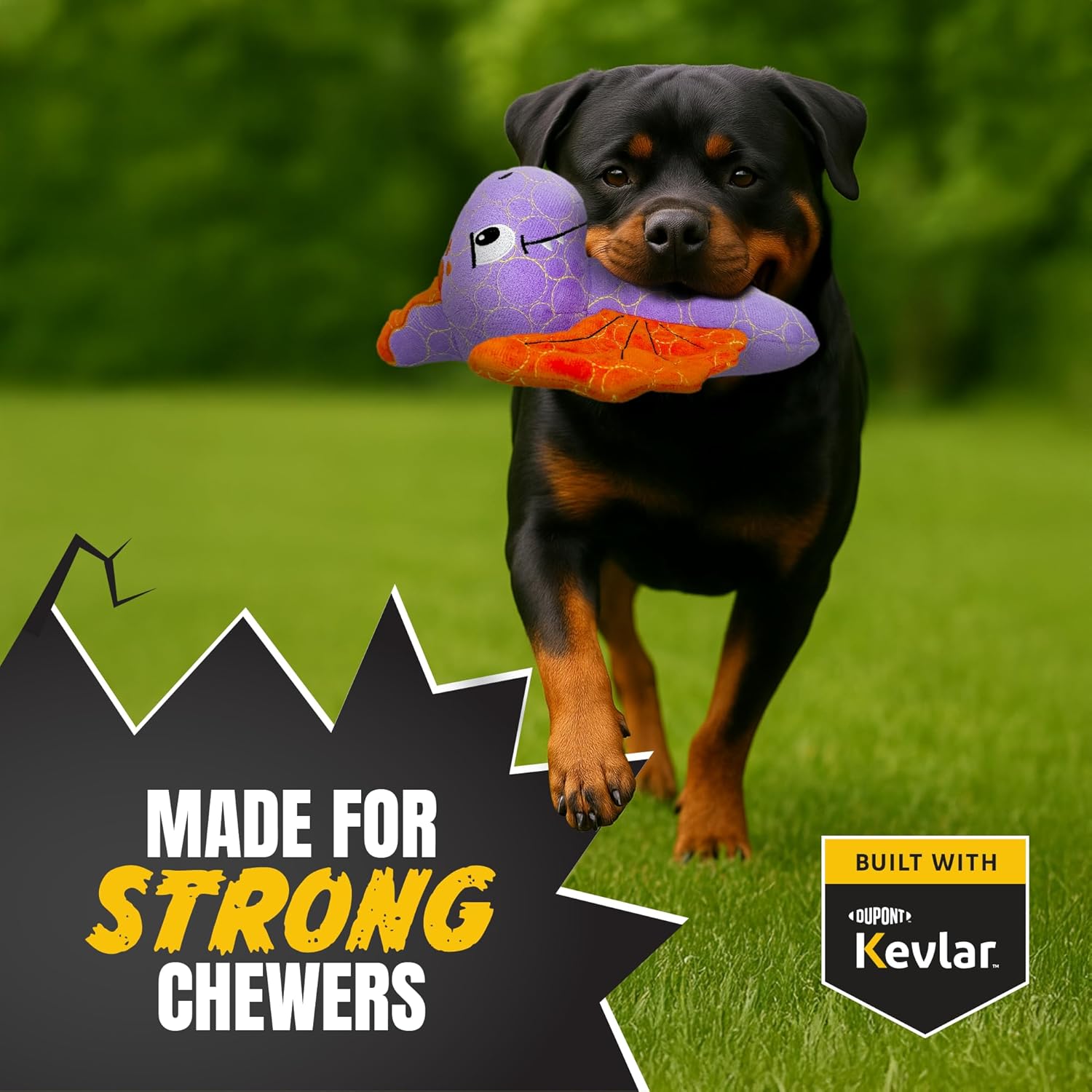 Durable & Strong Dog Toy Purple Dino with Squeaker, Kevlar-Reinforced for Aggressive Chewers.