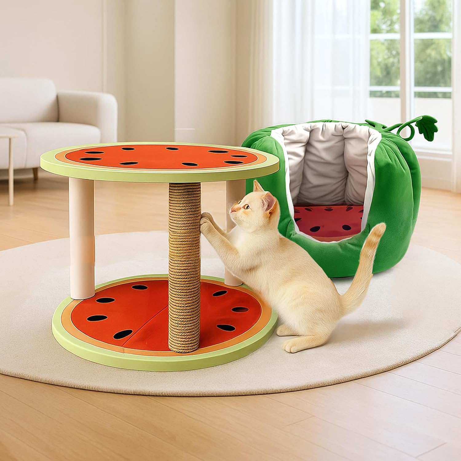 Adorable Watermelon Cat House , Small Cat Tree with Sisal Ropes and Plush Perch, Cute Cat Bed Cave with Soft Pillow, Watermelon Design
