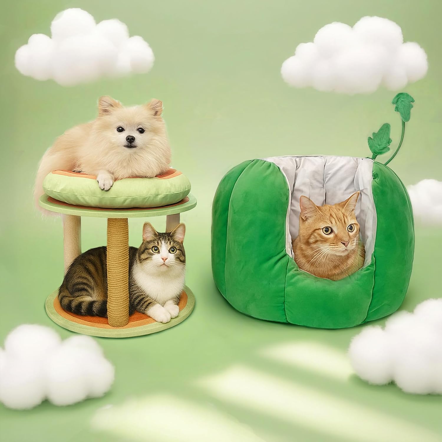 Adorable Watermelon Cat House , Small Cat Tree with Sisal Ropes and Plush Perch, Cute Cat Bed Cave with Soft Pillow, Watermelon Design