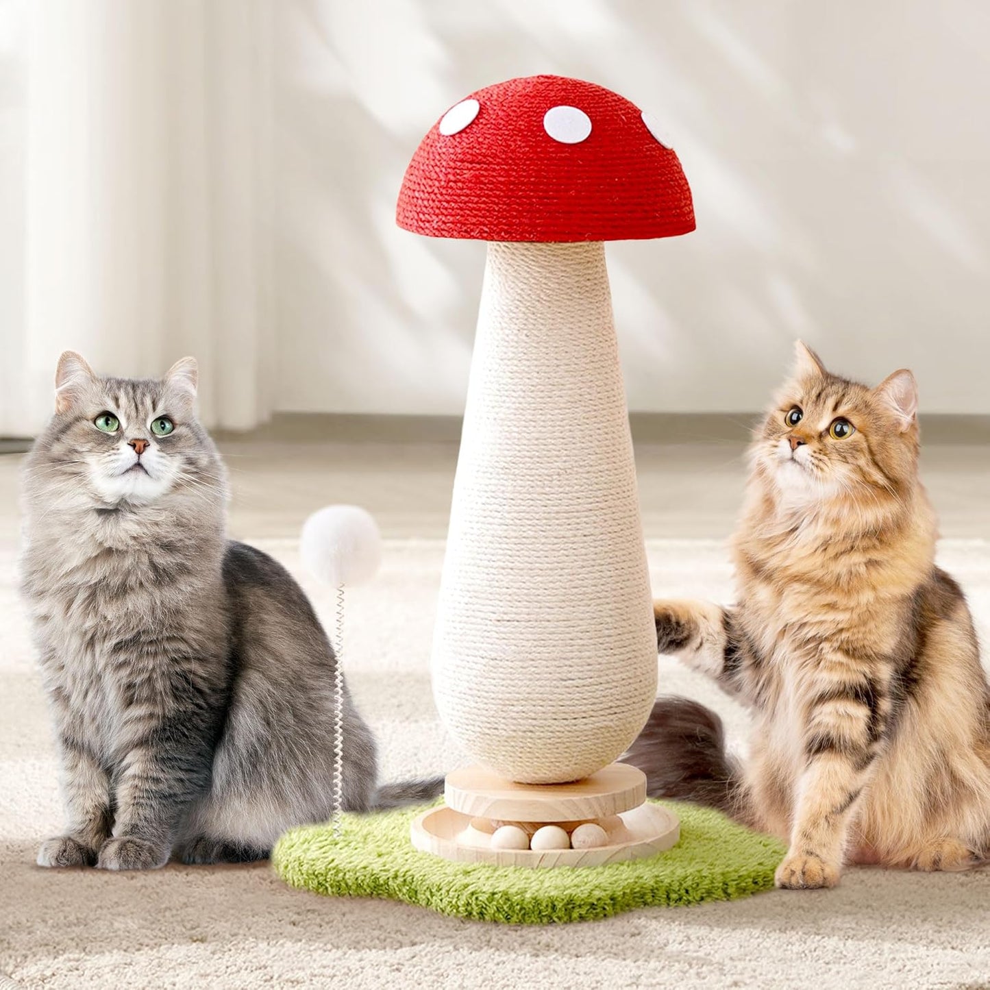 Cute Mushroom Cat Scratching Post Cat Tree, 21.5‘’ H Cute Cat Scratcher Tower with Durable Solid Wood Turntable Toy, Mushroom Scratch Post Cat Sisal Scratcher with Catnip for Indoor Adult Cats