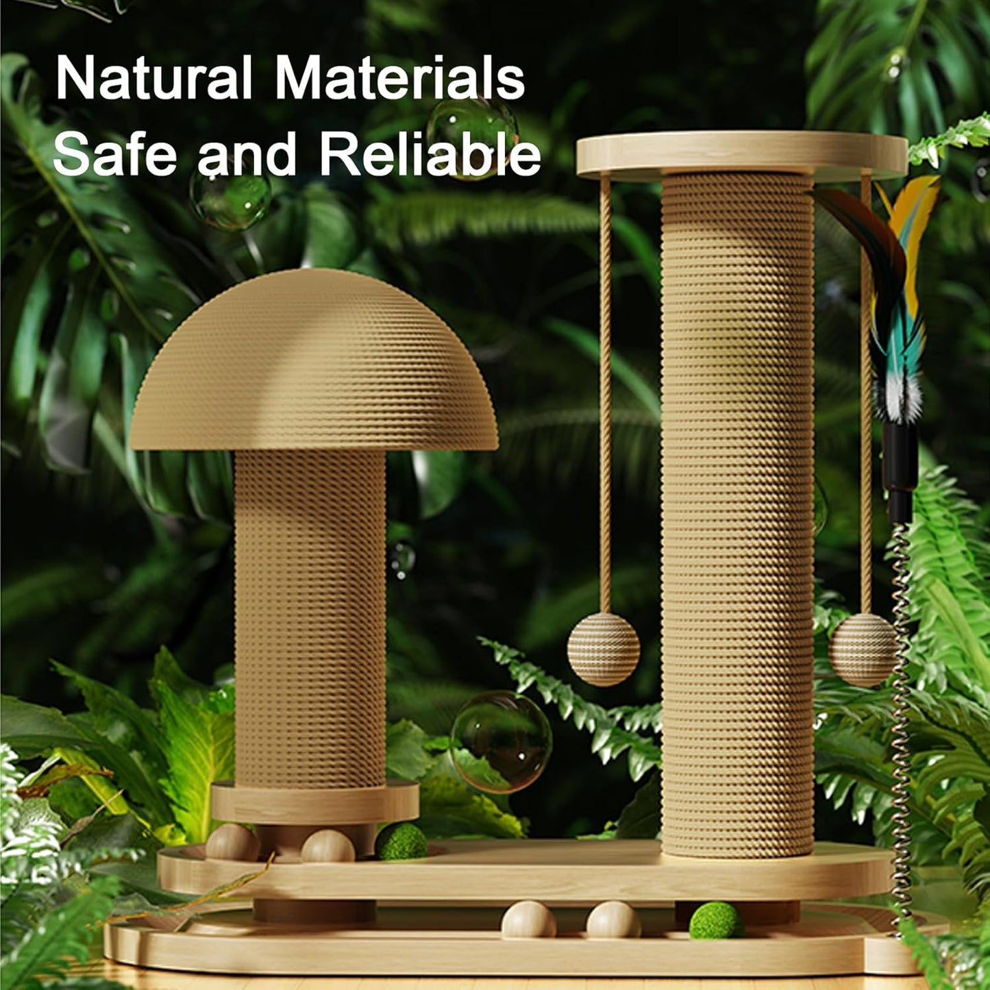  Modern Mushroom Cat Scratcher, Cat Scratching Post for Indoor Cats Adults, Sisal Tall Cats Scratch Post with Hanging Ball and Interactive Wooden Ball