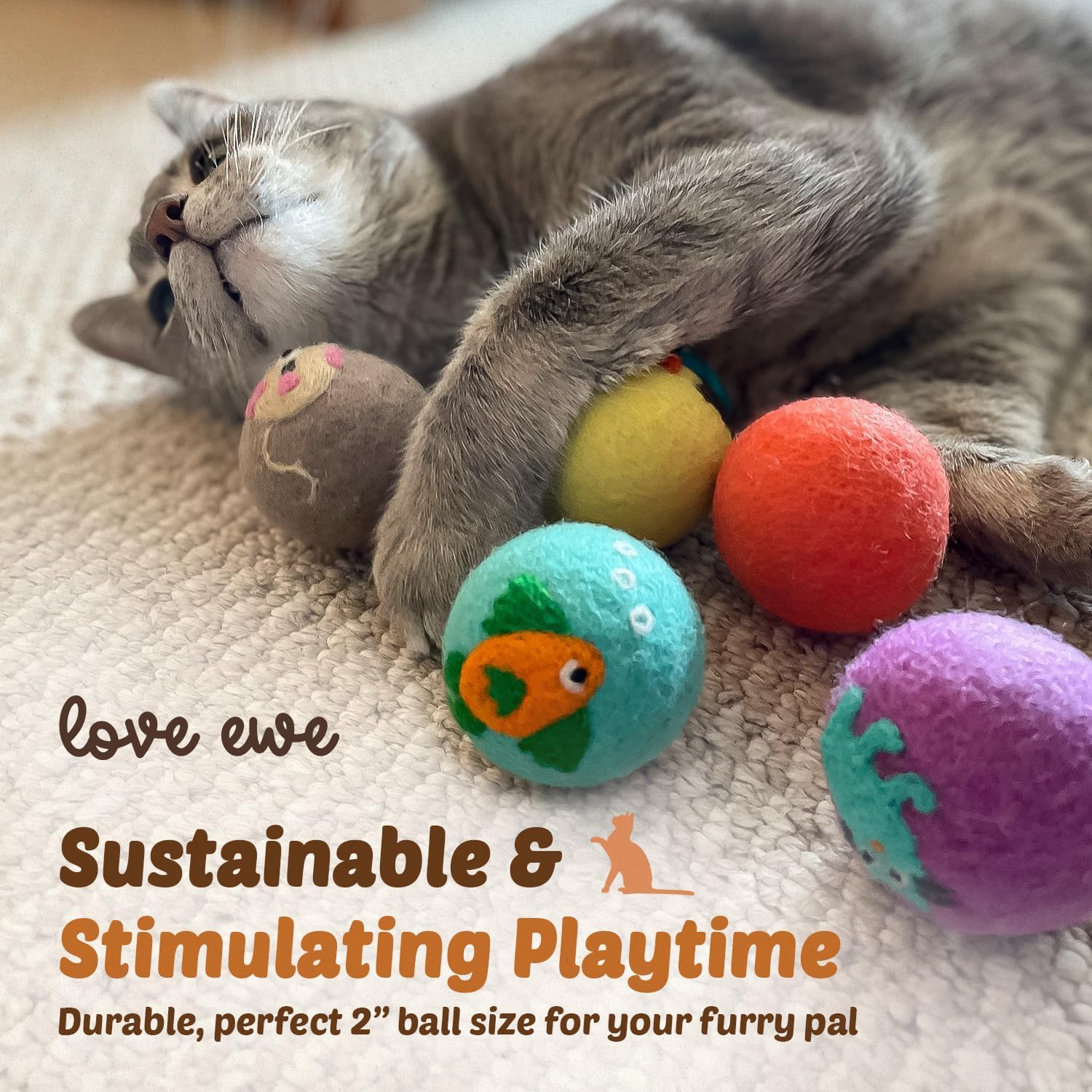 Organic Wool Felt Balls - 3 Pack Love Ewe Pet Supplies – 2In Colorful & Durable Cat Toys Handmade from New Zealand, Ideal for Indoor Play and Mental Stimulation – Fish & Bird Design