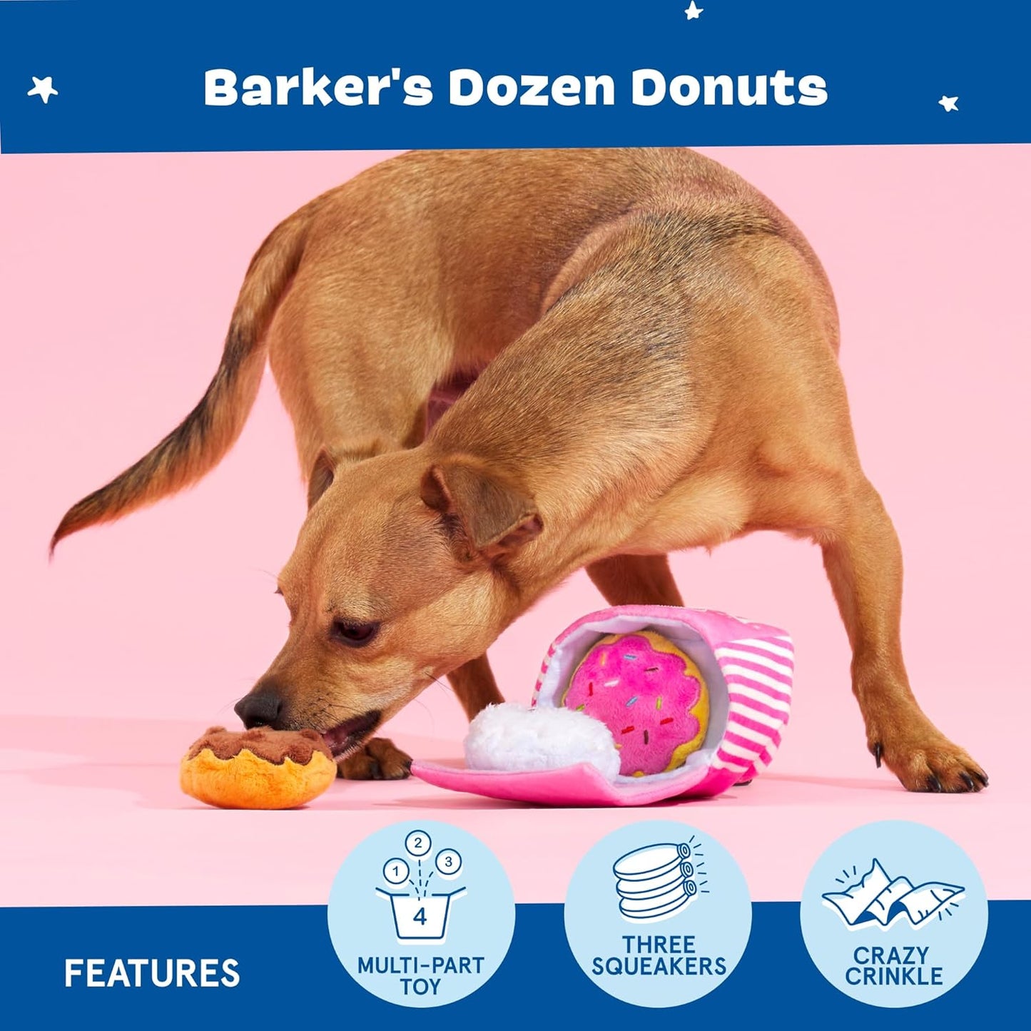 Barker’S Dozen Donuts Plush 4 in 1 Multi Part Interactive Dog Toy for Dogs & Puppies – Small