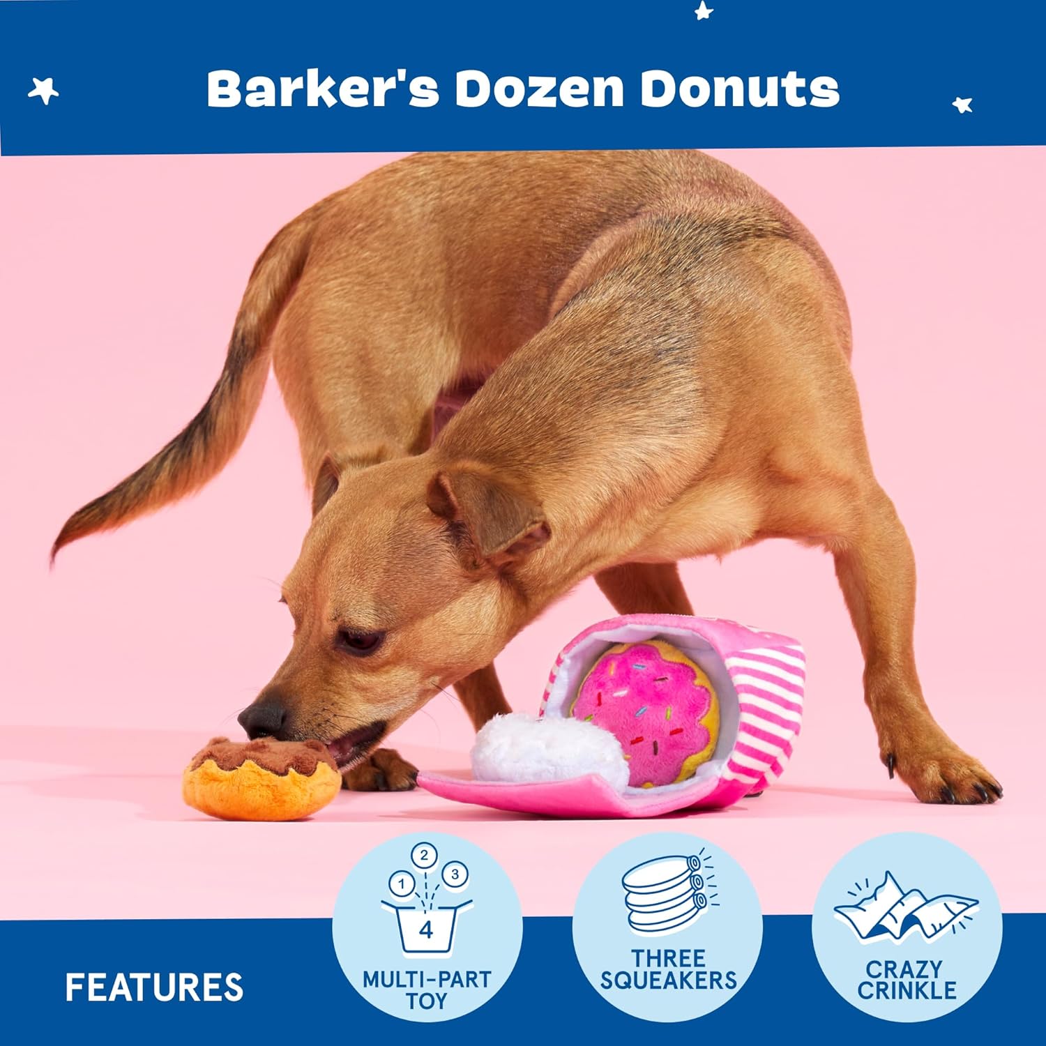 Barker’S Dozen Donuts Plush 4 in 1 Multi Part Interactive Dog Toy for Dogs & Puppies – Small