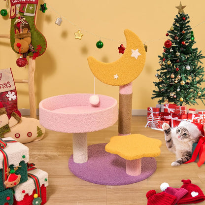 Small Cat Tree, Moon Star Cat Tree Built-In Scratching Post and Bed, 23.5 in Purple Pink Cute Kitten Tower Cozy Fluffy Kitten Condo for Indoor Activity