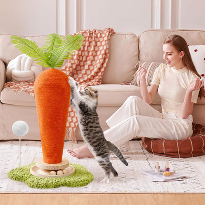 Cute Cat Scratching Post, Carrot Cat Scratcher Post with Durable Natural Wooden Turntable Toy and Catnip, 24'‘ H Carrot Shape Design Sisal Cat Tree Sisal Scratcher for Indoor Cats (Cloud Base)