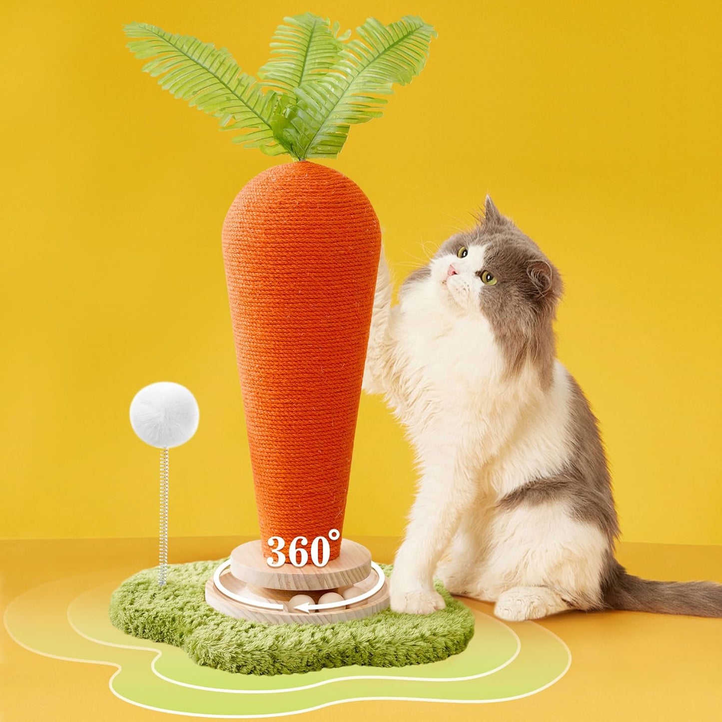 Cute Cat Scratching Post, Carrot Cat Scratcher Post with Durable Natural Wooden Turntable Toy and Catnip, 24'‘ H Carrot Shape Design Sisal Cat Tree Sisal Scratcher for Indoor Cats (Cloud Base)