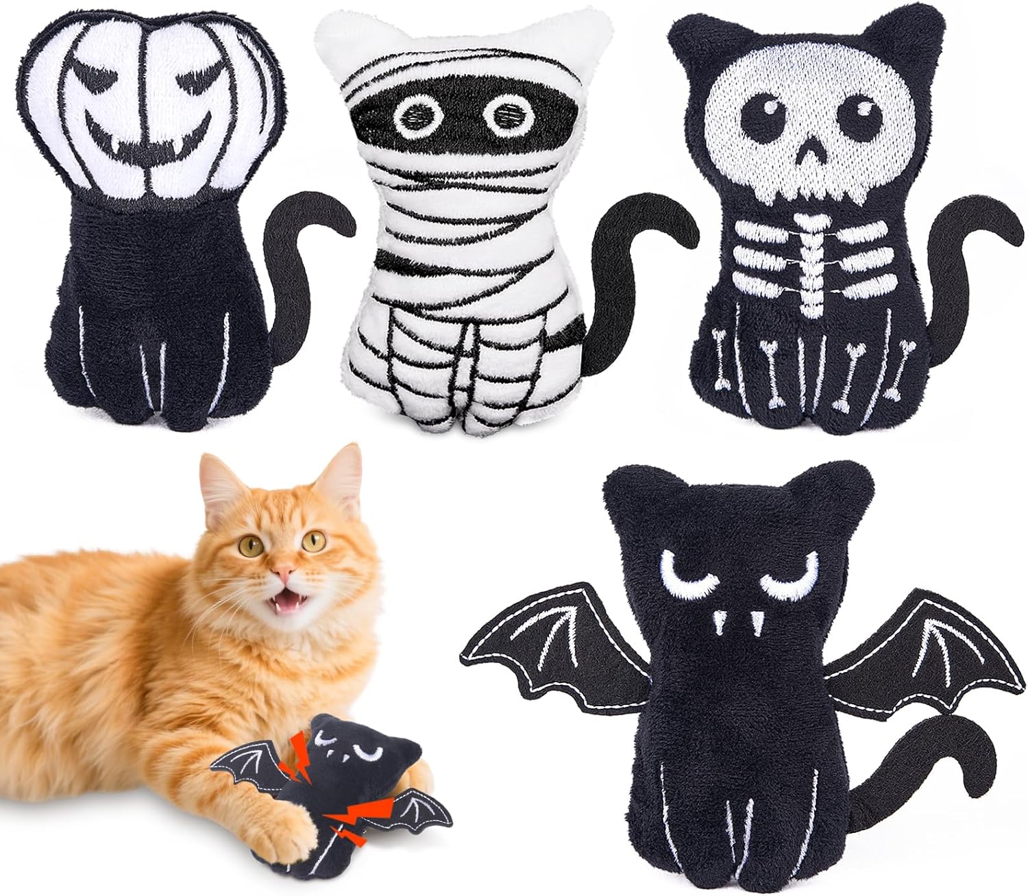 Spooky Cat Toys, Halloween Crinkly Catnip Toys for Indoor Cats Kitty Chew, Safe Teeth Cleaning Kitten Toy, Interactive Cat Nip Kicker Toy, 4 Pack
