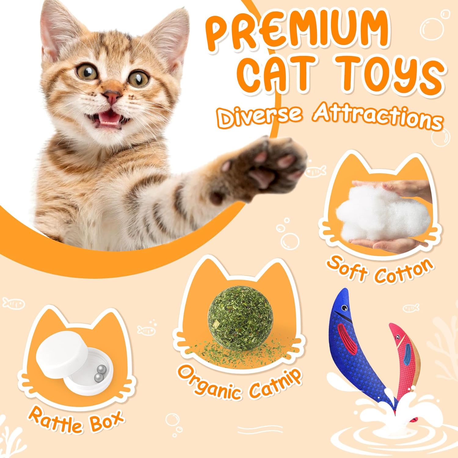 6 Pack Cat Toys for Indoor Cats, Interactive Catnip Toys for Bored, Kitten Kicker Toy for Kitty with Sound, Cat Chew Toys for All Breeds