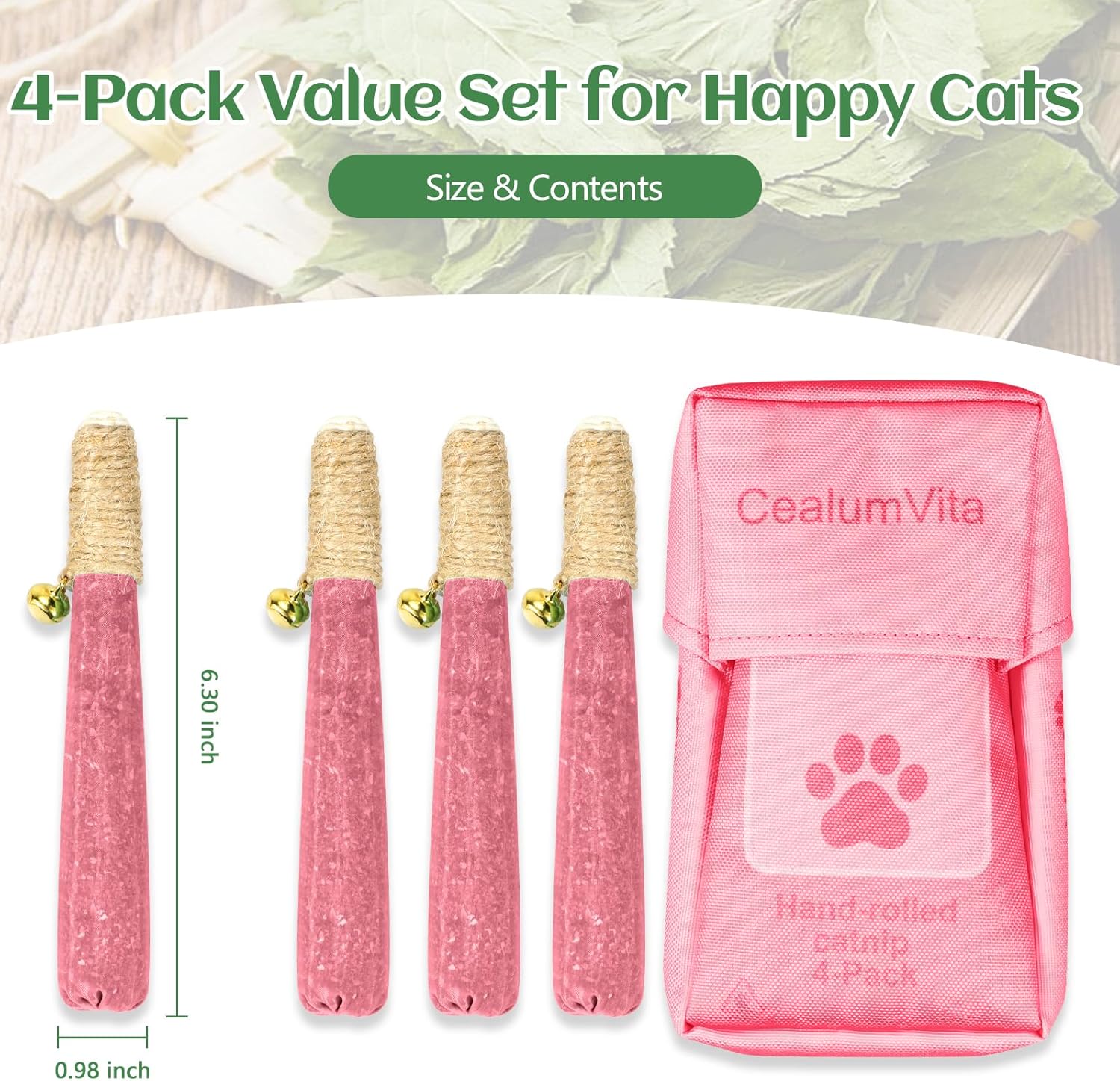 4 Pack Hand-Rolled Catnip Sticks with Chew Rope & Bell -Shaped Cat Toys for Indoor Cats and Kicker Toys, Teething Chew and Play Fun (Pink)