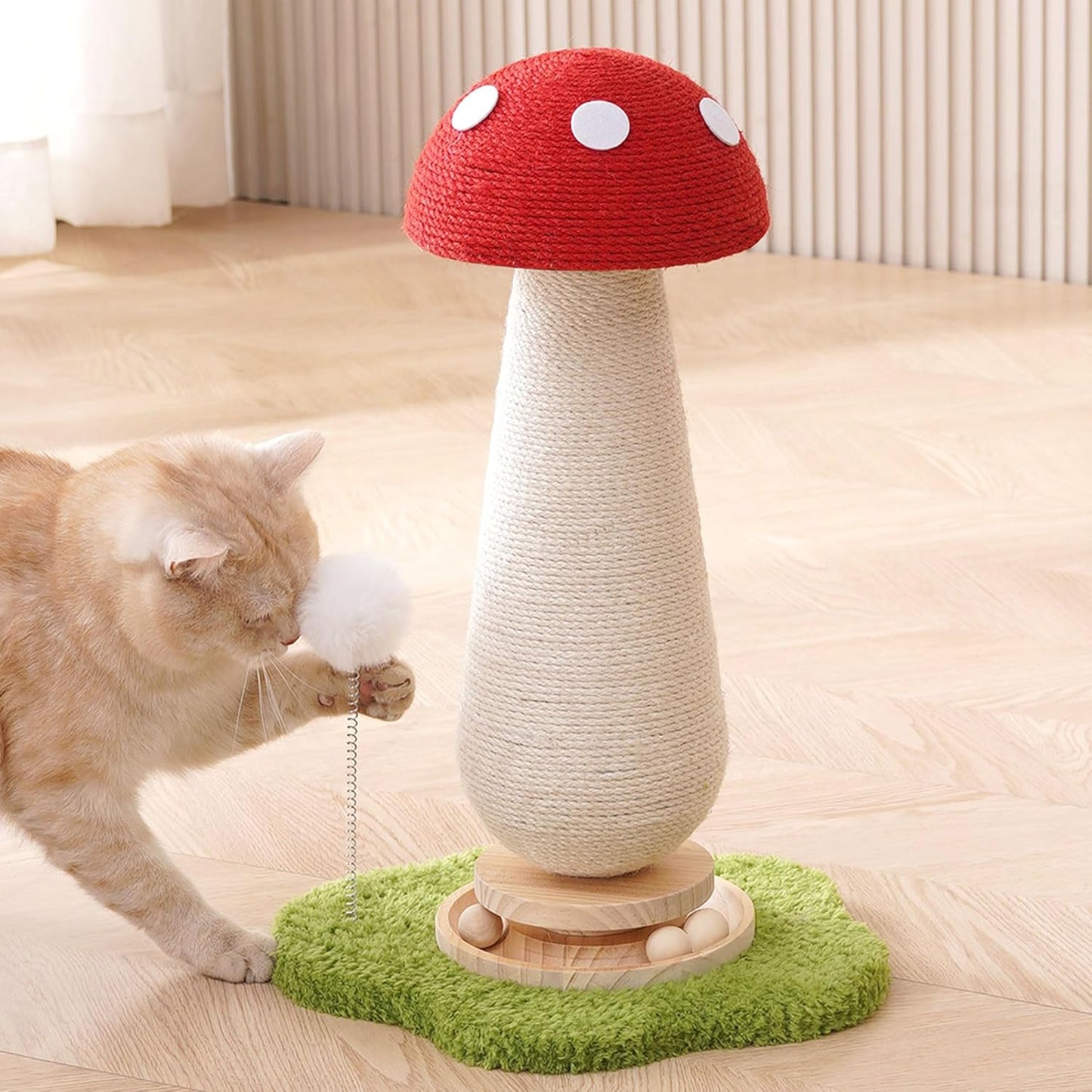 Cute Mushroom Cat Scratching Post Cat Tree, 21.5‘’ H Cute Cat Scratcher Tower with Durable Solid Wood Turntable Toy, Mushroom Scratch Post Cat Sisal Scratcher with Catnip for Indoor Adult Cats