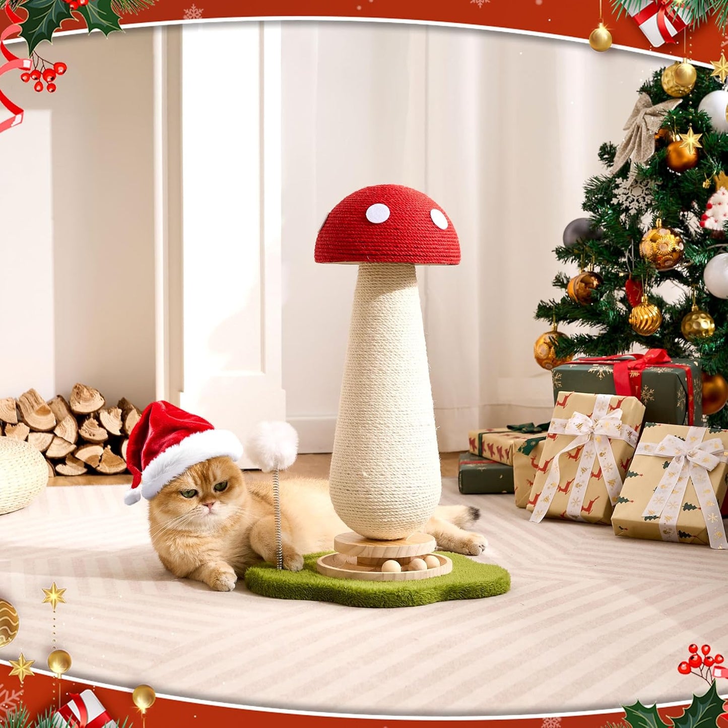 Cute Mushroom Cat Scratching Post Cat Tree, 21.5‘’ H Cute Cat Scratcher Tower with Durable Solid Wood Turntable Toy, Mushroom Scratch Post Cat Sisal Scratcher with Catnip for Indoor Adult Cats