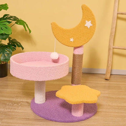 Small Cat Tree, Moon Star Cat Tree Built-In Scratching Post and Bed, 23.5 in Purple Pink Cute Kitten Tower Cozy Fluffy Kitten Condo for Indoor Activity