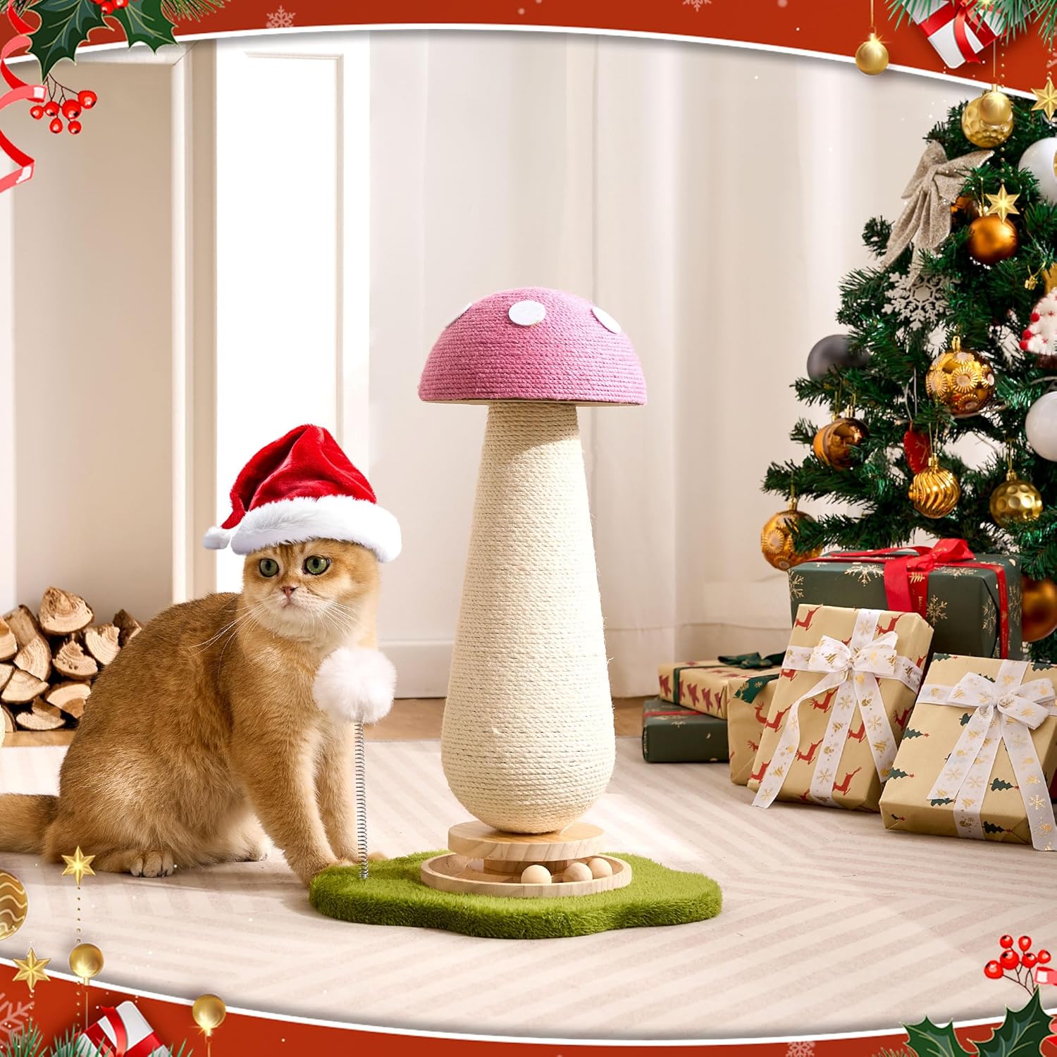 Pink Mushroom Cat Scratching Post Cat Tree, 21.5‘’ H Cute Cat Scratcher Tower with Durable Solid Wood Turntable Toy, Baby Pink Mushroom Scratch Post Cat Sisal Scratcher with Catnip for Indoor Adult Cats
