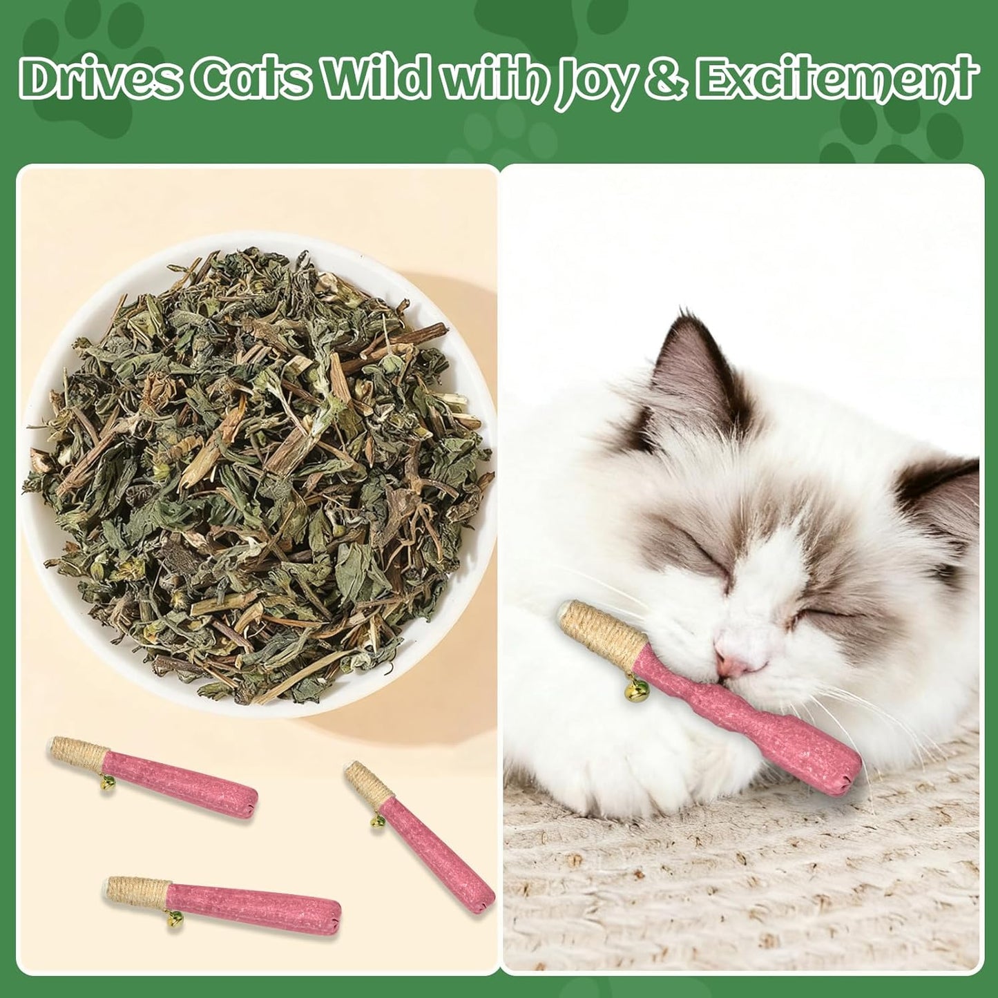 4 Pack Hand-Rolled Catnip Sticks with Chew Rope & Bell -Shaped Cat Toys for Indoor Cats and Kicker Toys, Teething Chew and Play Fun (Pink)