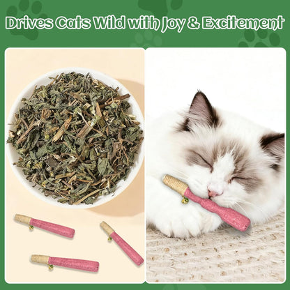 4 Pack Hand-Rolled Catnip Sticks with Chew Rope & Bell -Shaped Cat Toys for Indoor Cats and Kicker Toys, Teething Chew and Play Fun (Pink)