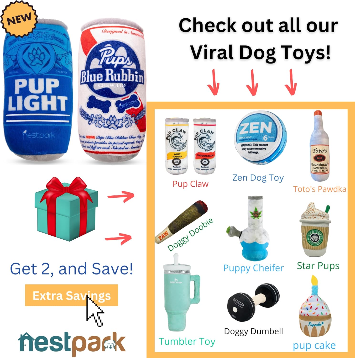 Pup Light and Pups Blue Rubbin - Parody Beer Dog Toys - Funny Plush Squeaky and Crinkle Dog Toys Dog Gifts for Dog Birthday (2 Pack) (Mix)