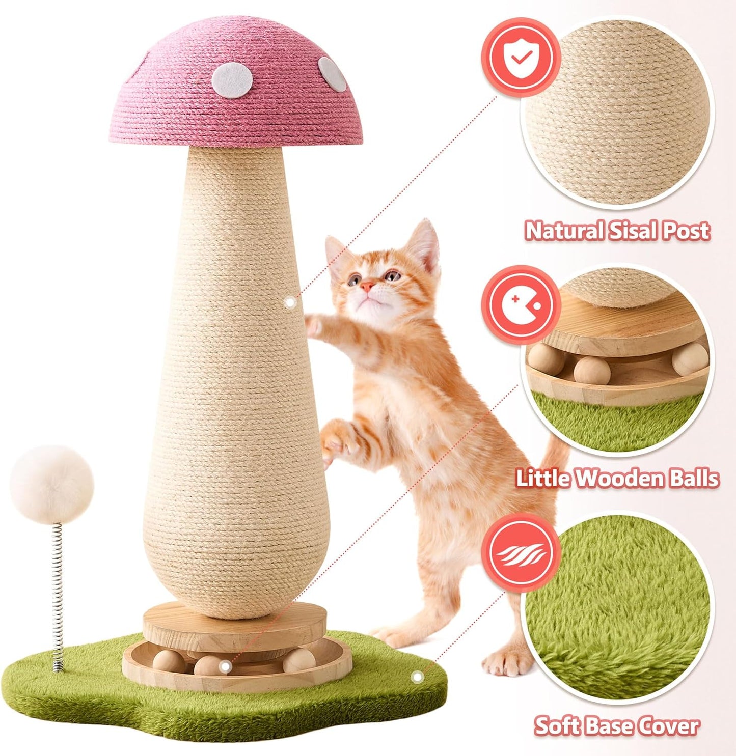 Pink Mushroom Cat Scratching Post Cat Tree, 21.5‘’ H Cute Cat Scratcher Tower with Durable Solid Wood Turntable Toy, Baby Pink Mushroom Scratch Post Cat Sisal Scratcher with Catnip for Indoor Adult Cats