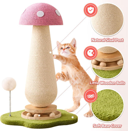 Pink Mushroom Cat Scratching Post Cat Tree, 21.5‘’ H Cute Cat Scratcher Tower with Durable Solid Wood Turntable Toy, Baby Pink Mushroom Scratch Post Cat Sisal Scratcher with Catnip for Indoor Adult Cats