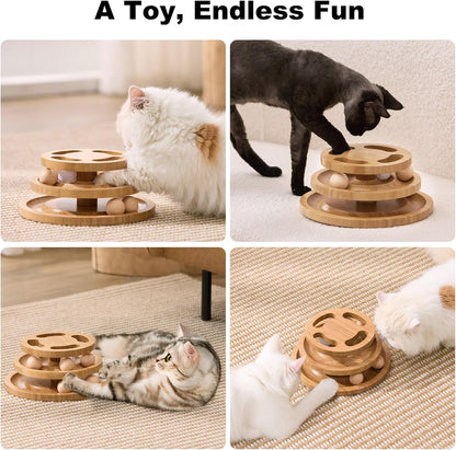 Cat Ball Track Toy with Puzzle Top, Wooden Cat Toys for Indoor Cats with Spinning Balls, Interactive Large Cat Ball Tower for Kitten Exercise Mental Physical