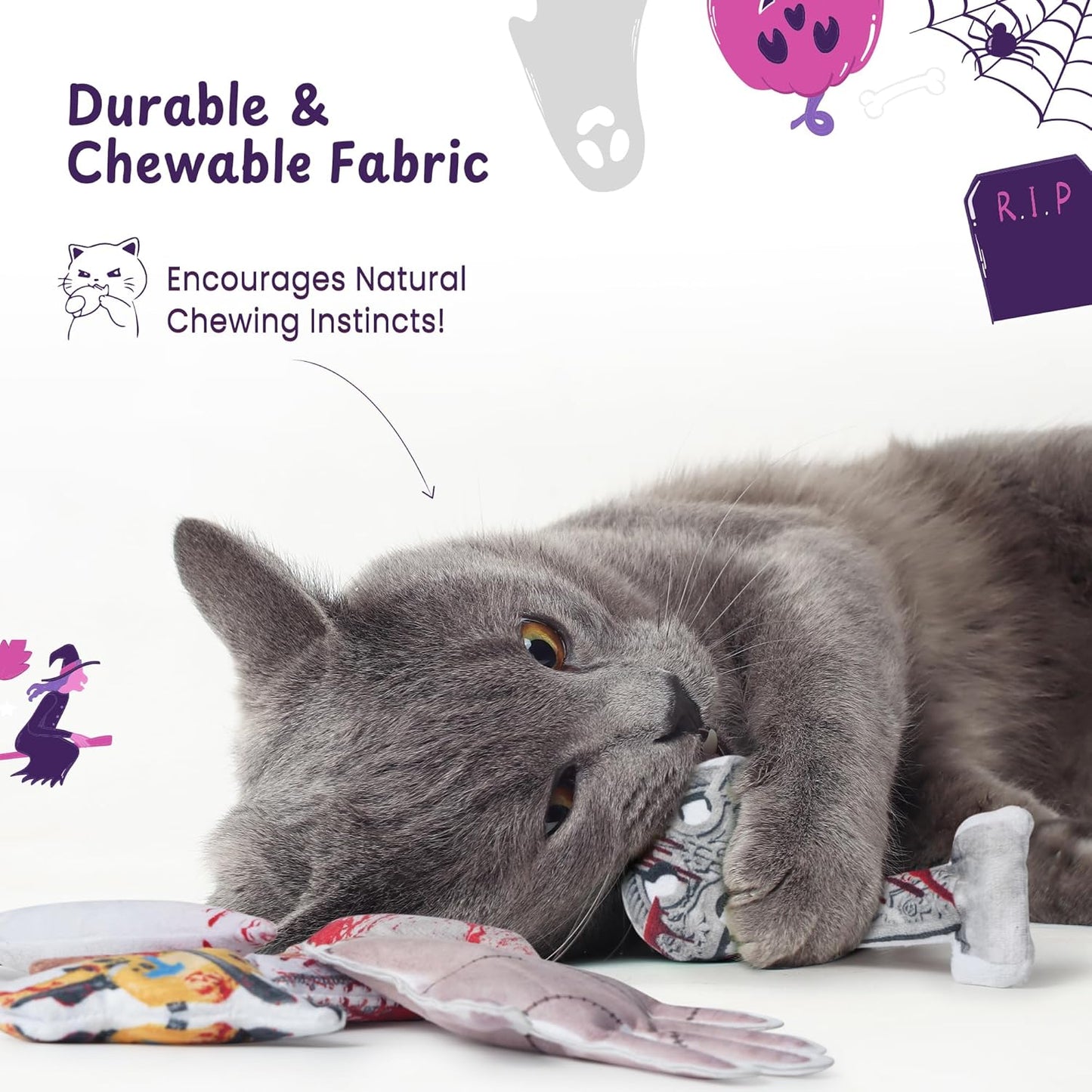 Spooky 5 PC Catnip Cat Toys, [100% Organic Catnip Filled, Cotton-Free] Funny Knife-Shaped Crinkly Sound Toys for Indoor Kitten Cat Nip Kitty Chew Toy