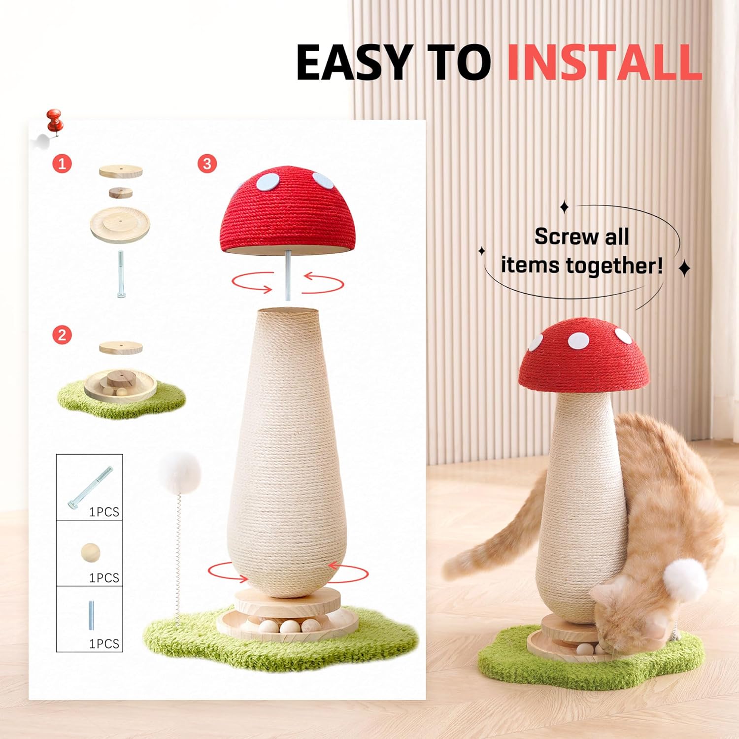 Cute Mushroom Cat Scratching Post Cat Tree, 21.5‘’ H Cute Cat Scratcher Tower with Durable Solid Wood Turntable Toy, Mushroom Scratch Post Cat Sisal Scratcher with Catnip for Indoor Adult Cats