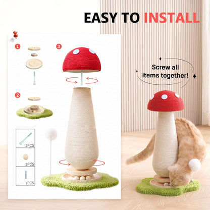 Cute Mushroom Cat Scratching Post Cat Tree, 21.5‘’ H Cute Cat Scratcher Tower with Durable Solid Wood Turntable Toy, Mushroom Scratch Post Cat Sisal Scratcher with Catnip for Indoor Adult Cats