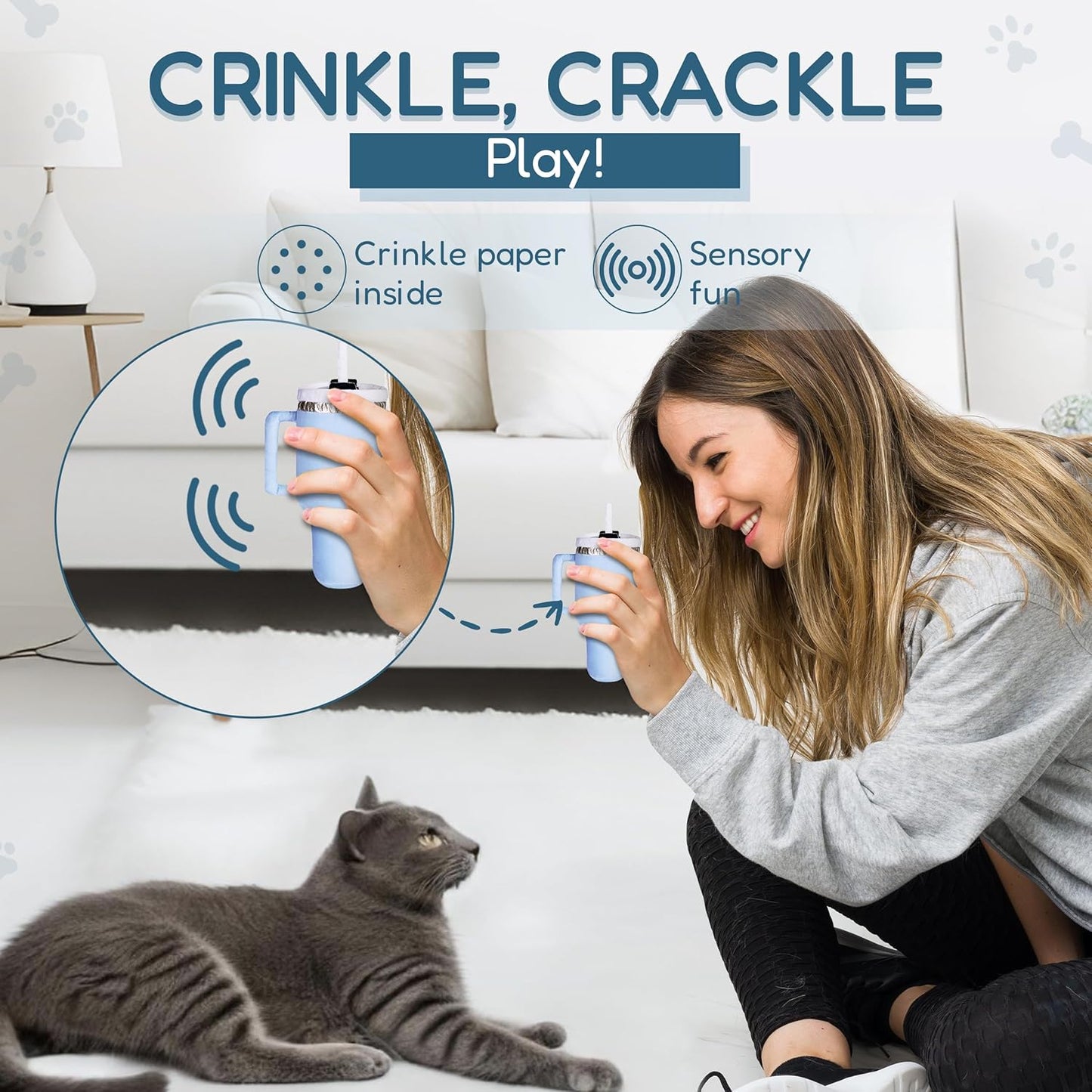 Kitty Cup Catnip Toy - Christmas & Birthday Cat Gift Toy with Catnip & Crinkle, Funny Stocking Stuffer for Girl Indoor Kitten (Chambray Blue)