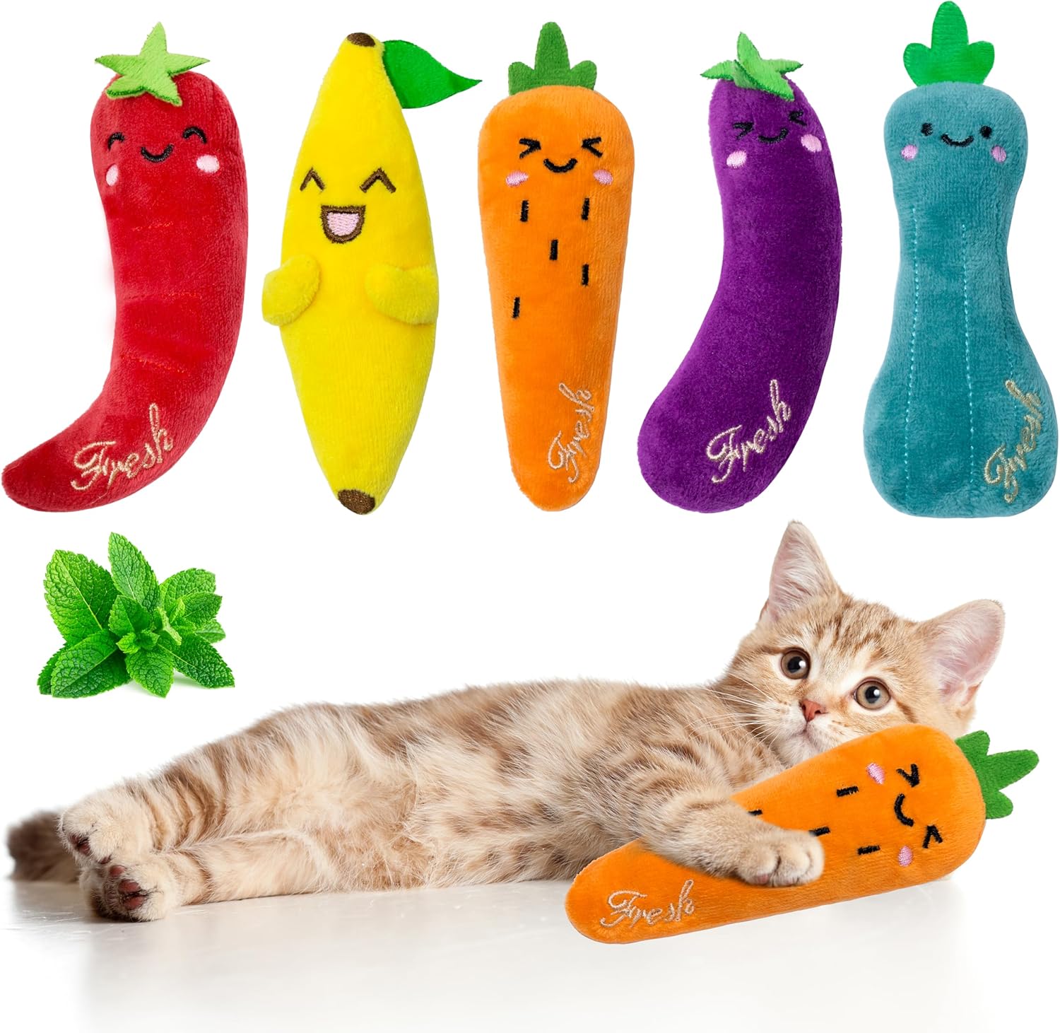 Catnip Toys for Cats, 5 Pack Cat Toys for Cats, Fluffy Catnip Toys for Chewing Playing, Interactive Kitten Toys, Catnip Filled Kitty Chew Teething Toys, Cat Chew Toys, Vegetable,5 Pcs