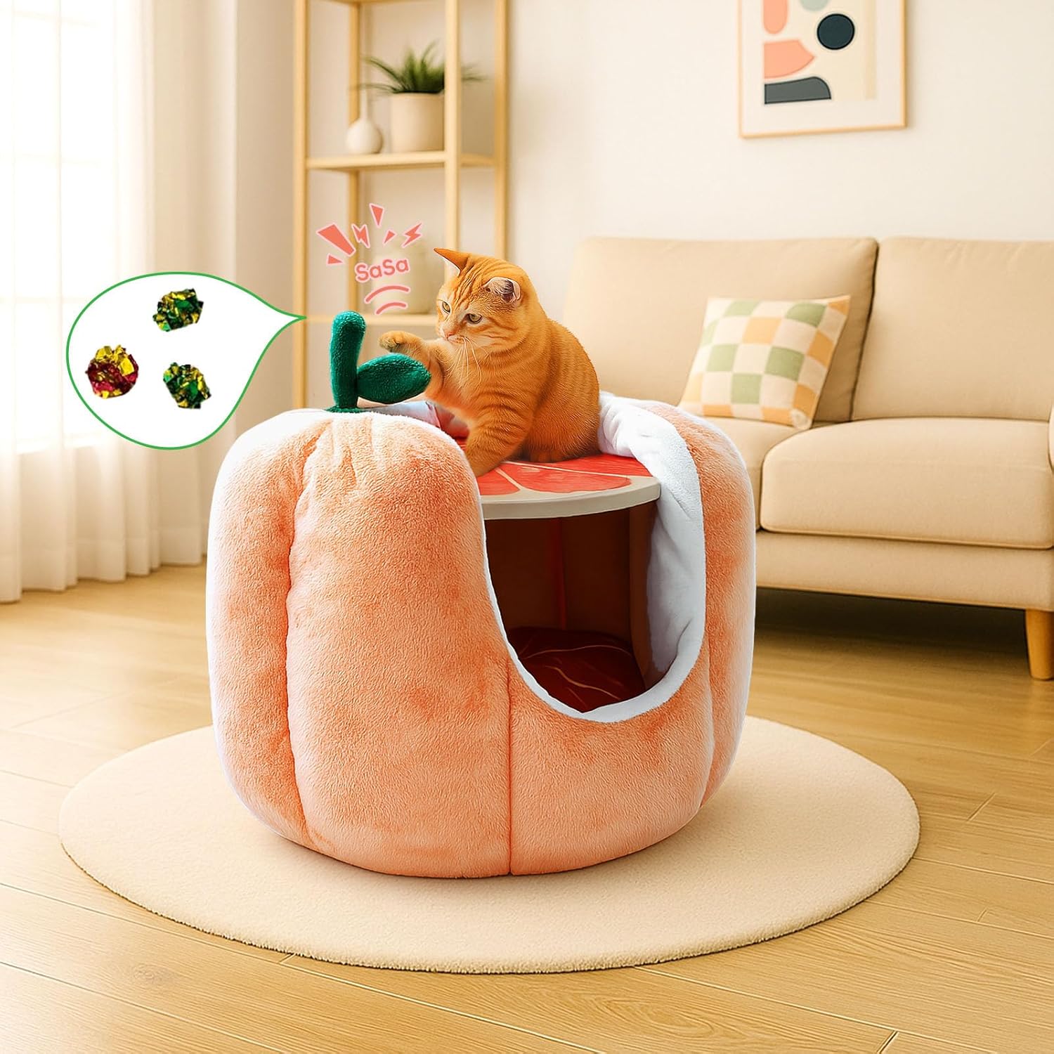 Cute Grapefruit Cat Houses for Indoor Cats, Small Cat Tree with Sisal Ropes and Plush Perch, Cute Cat Bed Cave with Soft Pillow, Grapefruit Design