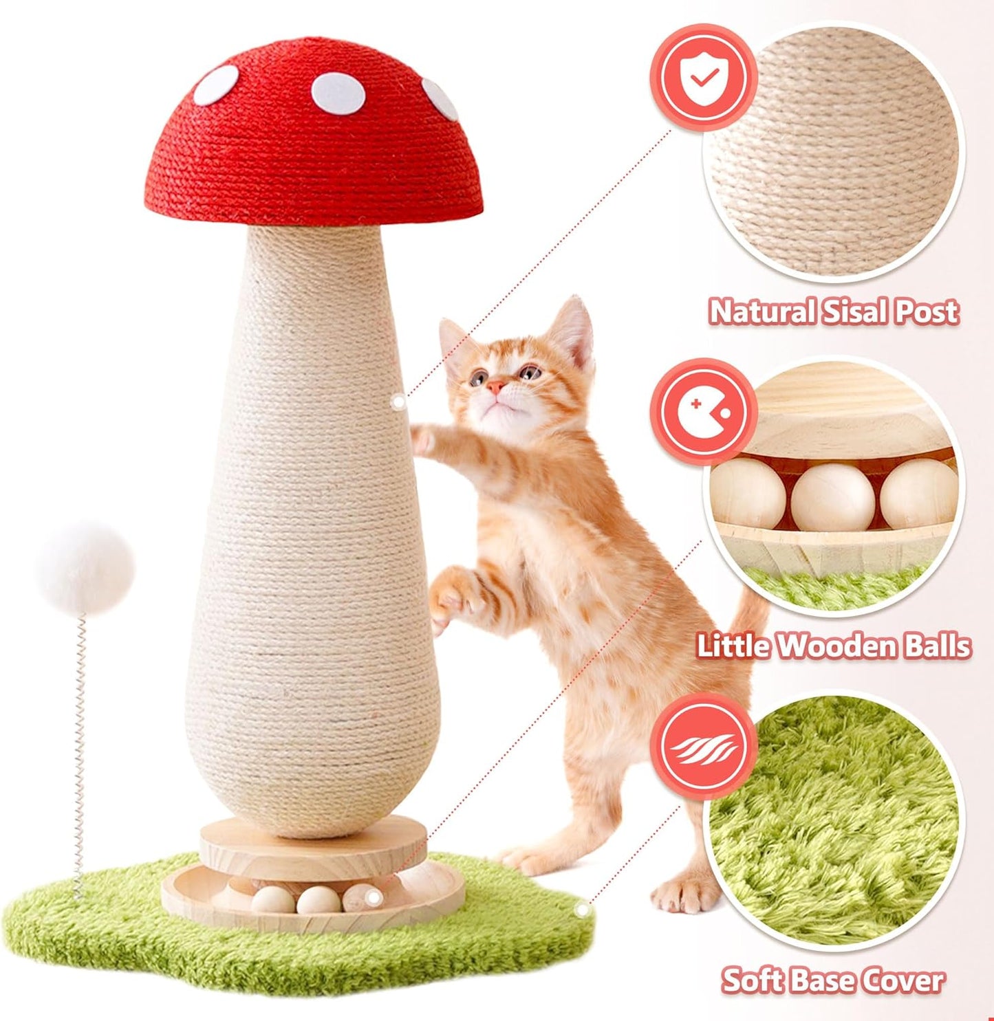 Cute Mushroom Cat Scratching Post Cat Tree, 21.5‘’ H Cute Cat Scratcher Tower with Durable Solid Wood Turntable Toy, Mushroom Scratch Post Cat Sisal Scratcher with Catnip for Indoor Adult Cats