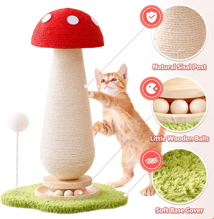 Cute Mushroom Cat Scratching Post Cat Tree, 21.5‘’ H Cute Cat Scratcher Tower with Durable Solid Wood Turntable Toy, Mushroom Scratch Post Cat Sisal Scratcher with Catnip for Indoor Adult Cats