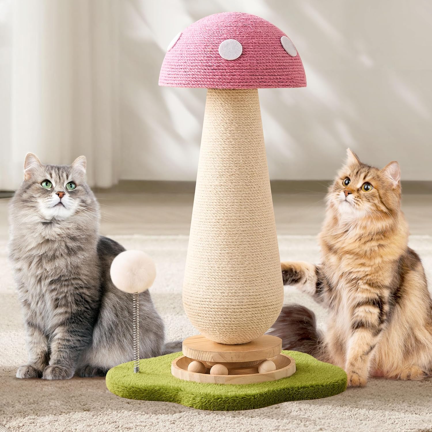 Pink Mushroom Cat Scratching Post Cat Tree, 21.5‘’ H Cute Cat Scratcher Tower with Durable Solid Wood Turntable Toy, Baby Pink Mushroom Scratch Post Cat Sisal Scratcher with Catnip for Indoor Adult Cats