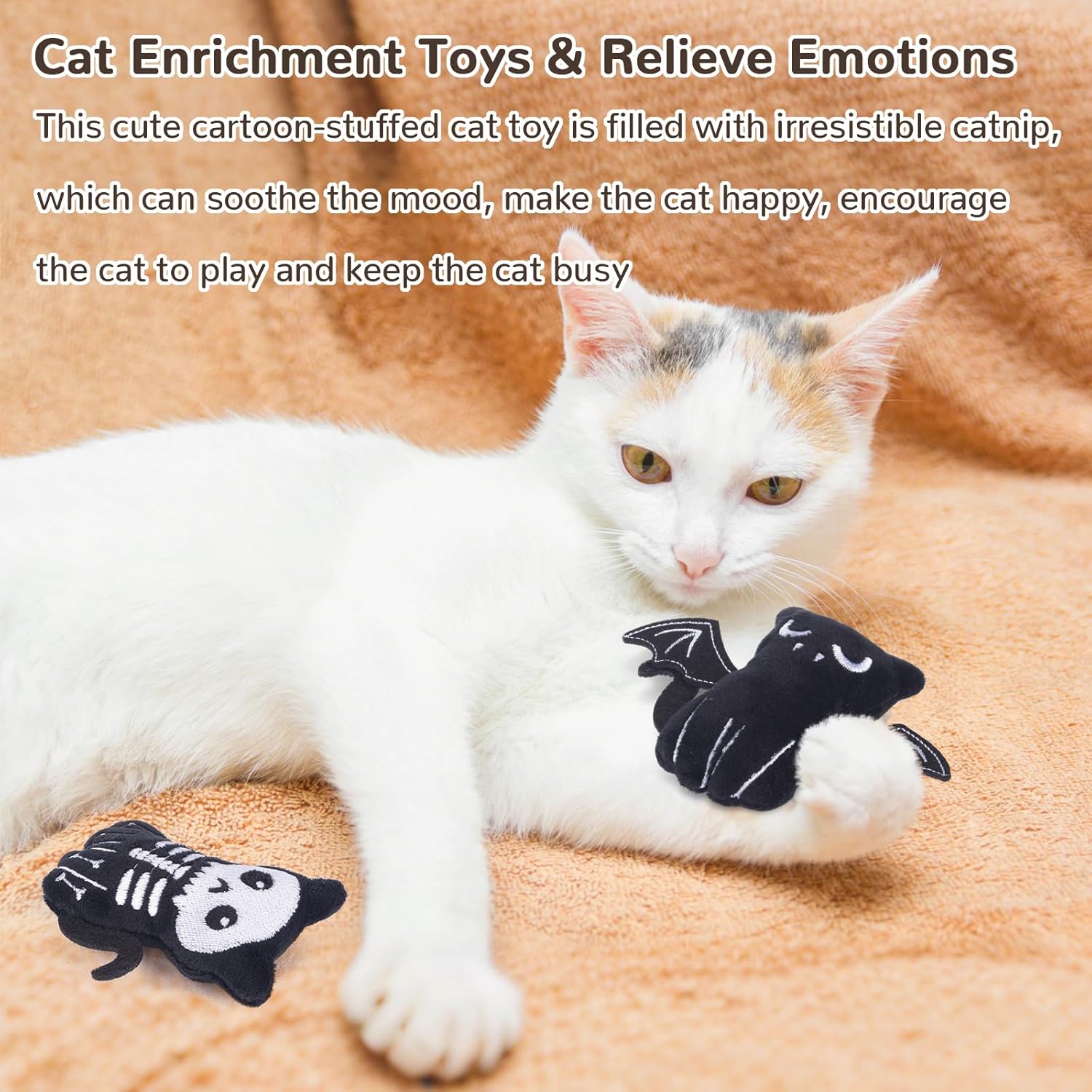 Spooky Cat Toys, Halloween Crinkly Catnip Toys for Indoor Cats Kitty Chew, Safe Teeth Cleaning Kitten Toy, Interactive Cat Nip Kicker Toy, 4 Pack