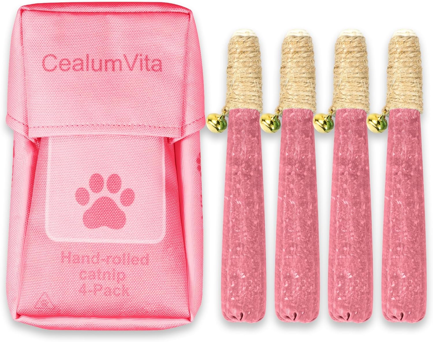 4 Pack Hand-Rolled Catnip Sticks with Chew Rope & Bell -Shaped Cat Toys for Indoor Cats and Kicker Toys, Teething Chew and Play Fun (Pink)