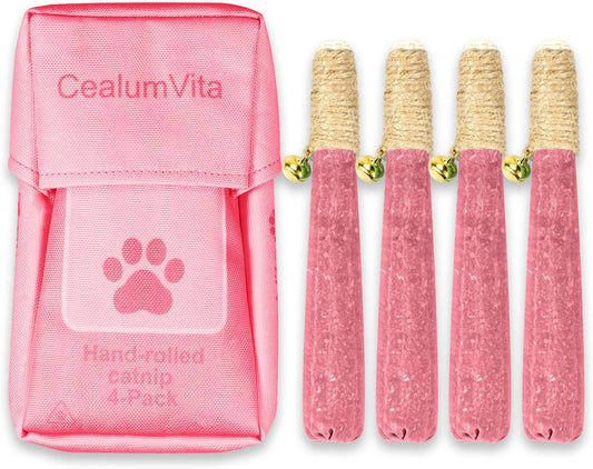 4 Pack Hand-Rolled Catnip Sticks with Chew Rope & Bell -Shaped Cat Toys for Indoor Cats and Kicker Toys, Teething Chew and Play Fun (Pink)