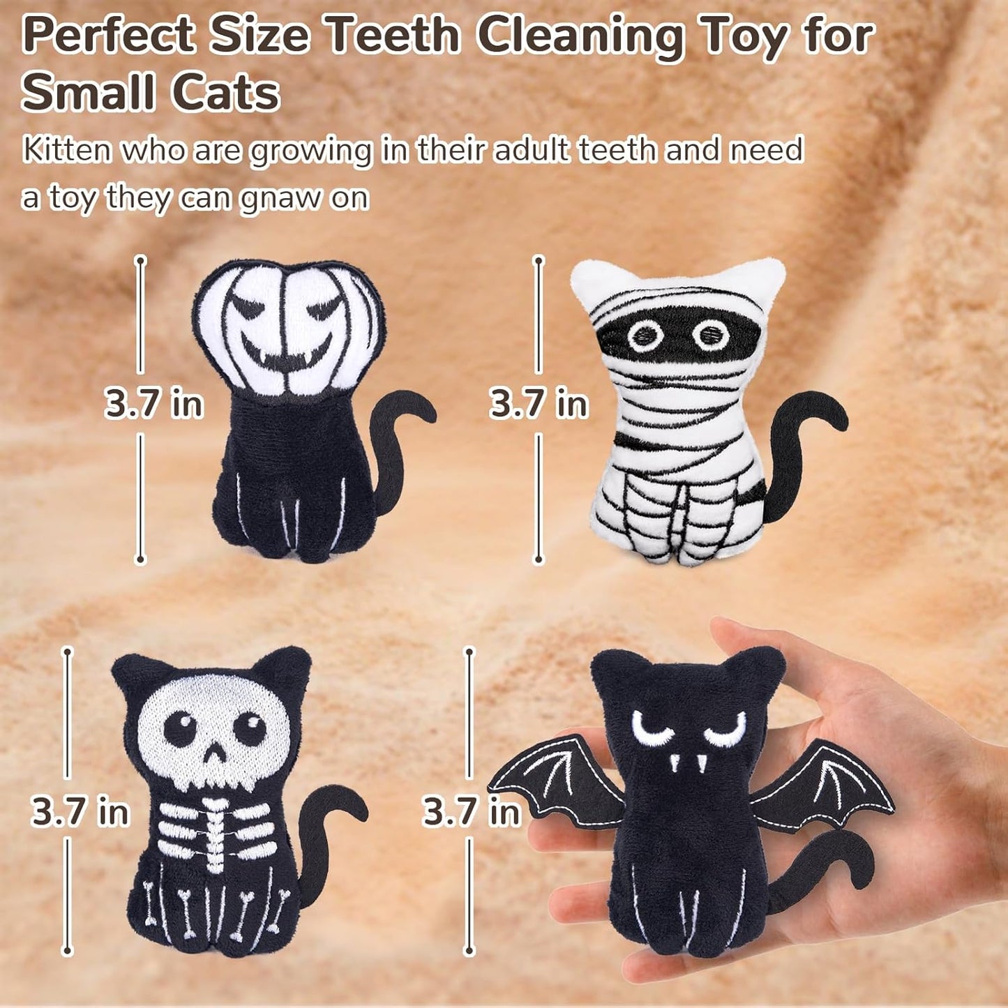 Spooky Cat Toys, Halloween Crinkly Catnip Toys for Indoor Cats Kitty Chew, Safe Teeth Cleaning Kitten Toy, Interactive Cat Nip Kicker Toy, 4 Pack