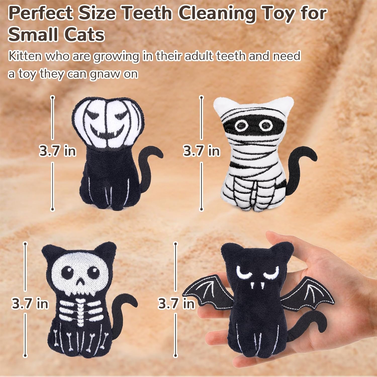 Spooky Cat Toys, Halloween Crinkly Catnip Toys for Indoor Cats Kitty Chew, Safe Teeth Cleaning Kitten Toy, Interactive Cat Nip Kicker Toy, 4 Pack
