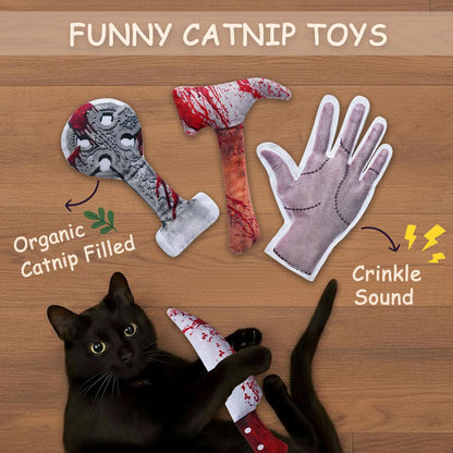 Spooky 5 PC Catnip Cat Toys, [100% Organic Catnip Filled, Cotton-Free] Funny Knife-Shaped Crinkly Sound Toys for Indoor Kitten Cat Nip Kitty Chew Toy