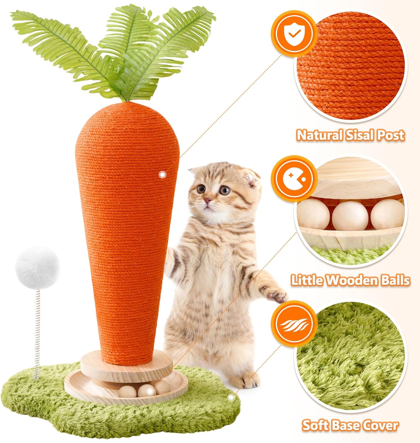 Cute Cat Scratching Post, Carrot Cat Scratcher Post with Durable Natural Wooden Turntable Toy and Catnip, 24'‘ H Carrot Shape Design Sisal Cat Tree Sisal Scratcher for Indoor Cats (Cloud Base)