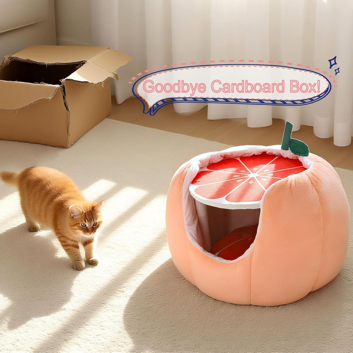 Cute Grapefruit Cat Houses for Indoor Cats, Small Cat Tree with Sisal Ropes and Plush Perch, Cute Cat Bed Cave with Soft Pillow, Grapefruit Design