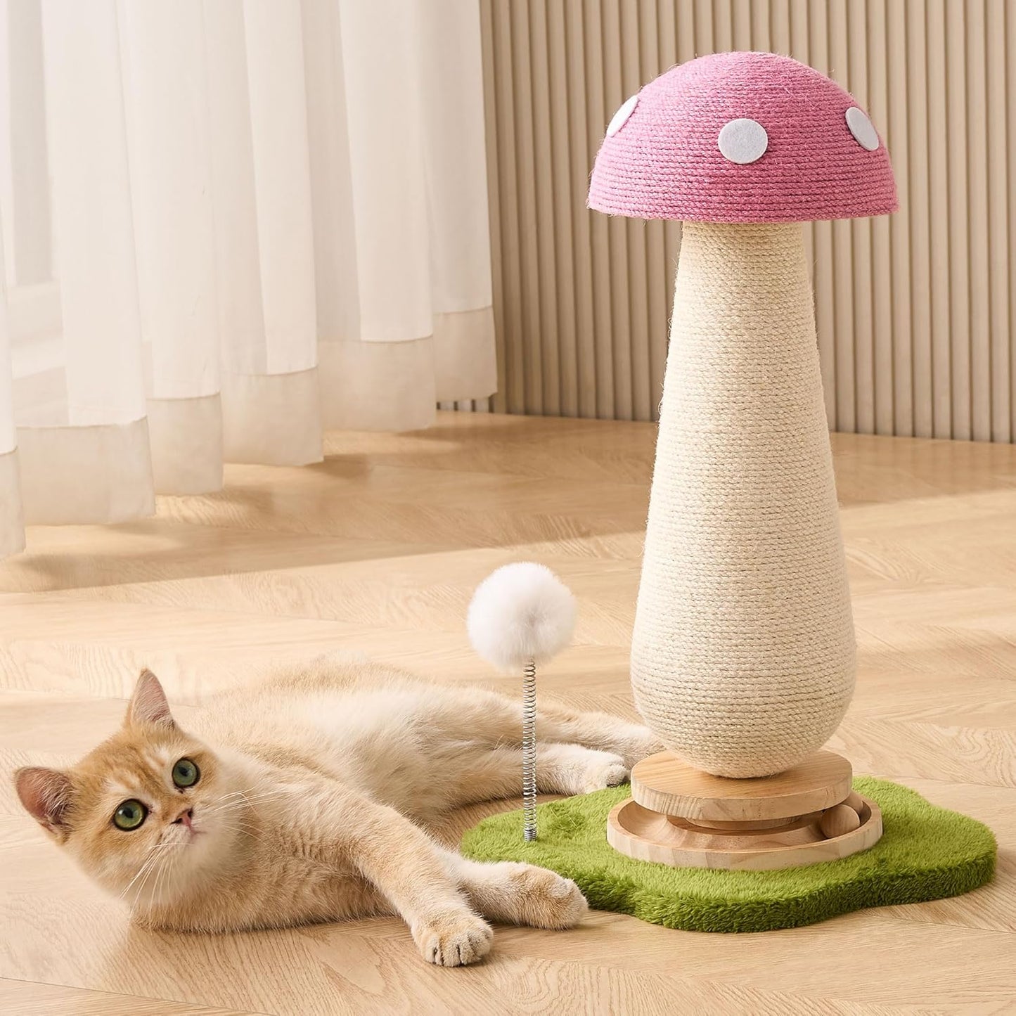 Pink Mushroom Cat Scratching Post Cat Tree, 21.5‘’ H Cute Cat Scratcher Tower with Durable Solid Wood Turntable Toy, Baby Pink Mushroom Scratch Post Cat Sisal Scratcher with Catnip for Indoor Adult Cats