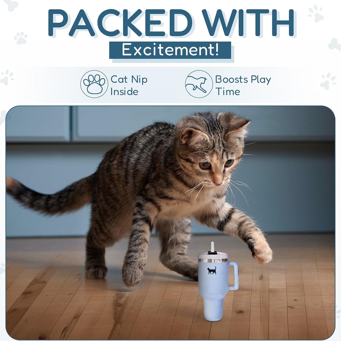 Kitty Cup Catnip Toy - Christmas & Birthday Cat Gift Toy with Catnip & Crinkle, Funny Stocking Stuffer for Girl Indoor Kitten (Chambray Blue)